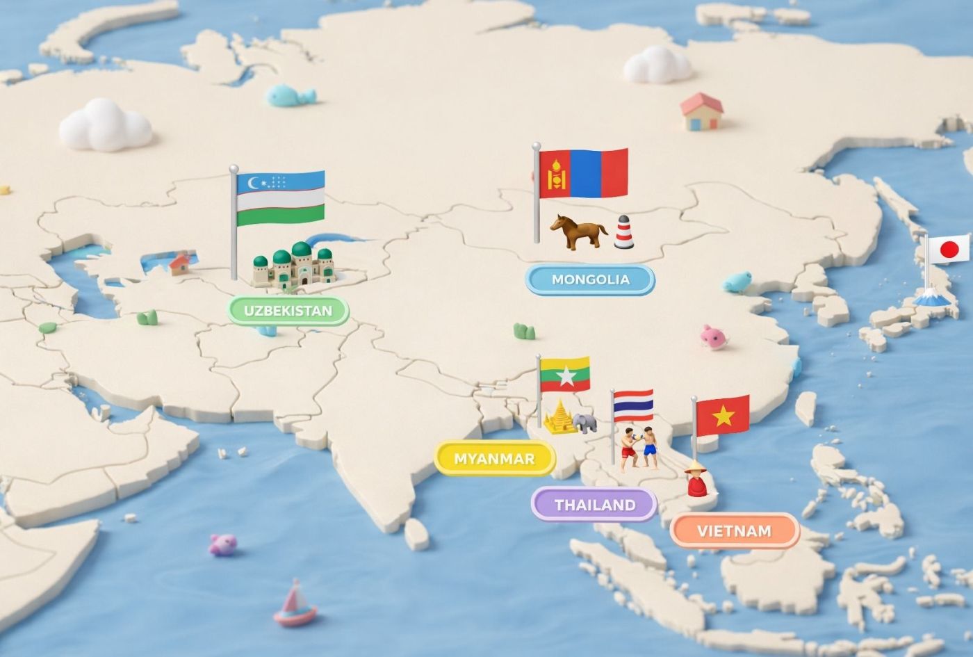 ベトナム・ミャンマー・モンゴル・ウズベキスタン・タイの地図